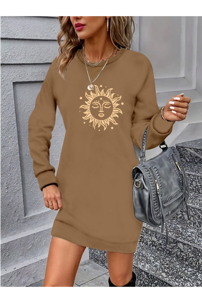 Livizmir Moda Women's Long Sleeve Crew Neck Sun Print Viscose Two Thread Dress