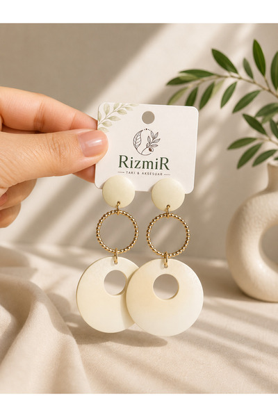 rizmir Kadın Ekru Gold Halka Detaylı Geometrik Sallantılı Küpe