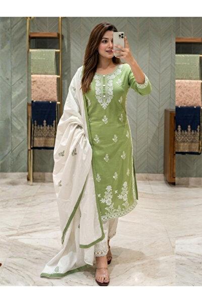 MYSMAR Green Rayon Cotton Chikankari Style Suit Set - FFT8508 | Green-Size:M-...