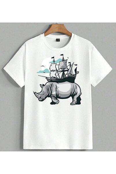 ELFERA Μπλουζάκι με στάμπα Rhinoceros Fantasy Unisex Oversize Λευκό
