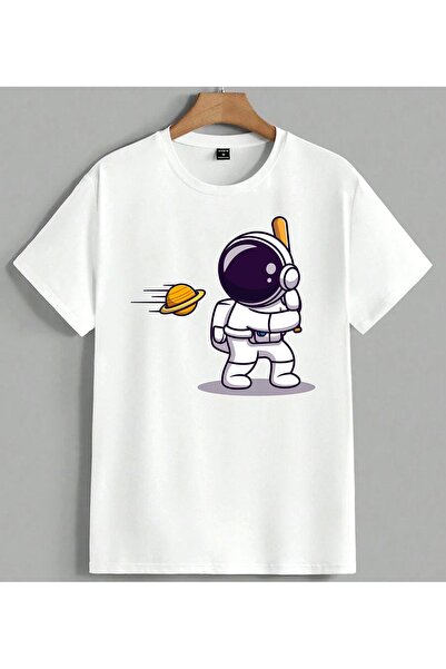 ELFERA Μπλουζάκι Unisex Oversize με στάμπα Space Astronaut Baseball, Λευκό