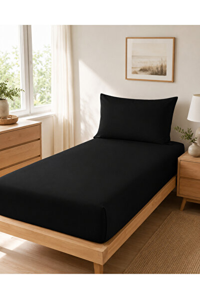 H&F Trendline Black Solid Color Single Elastic Sheet Set 100X200 cm – 1 Pillo...