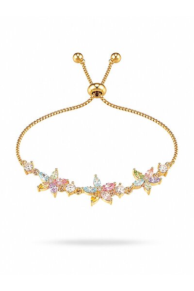 serelya Brass Gold Color Floral Model Zircon Stone Elevator Bracelet