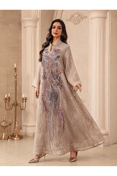 Classy She Mesh Embroidery-luxurious Beaded Appliqué-long Jalabiya Loose-fitt...