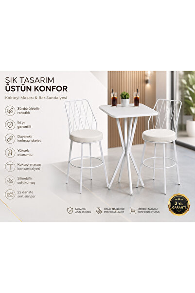 Buketim Mobilya 2+1 Kokteyl Masası Bar Sandalyesi Mutfak Cafe Restoran Proje