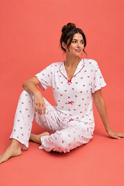 NEEWSTORE Cotton Patterned Cherry Print V-Neck Pajama Set