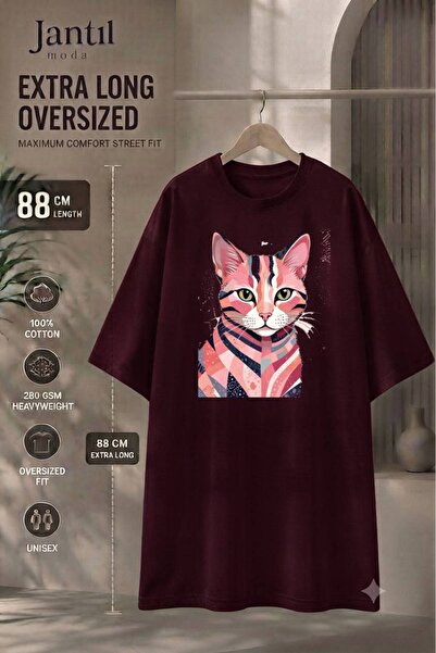 JANTIL MODA Crew Neck Colorful Geometric Cat Figured Extra Long Oversize Tuni...