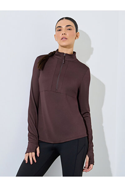 Styli Brown Half Zip-Up Multi Panel Seam Thumbhole Detail Top