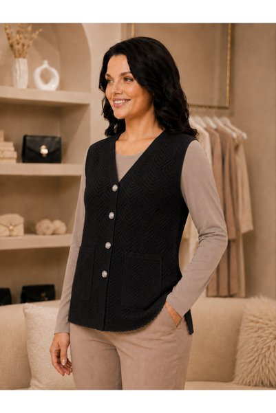 QYA Clothing Vestă tricotată pentru femei, cu șnur mercerizat, ajurată, cu buzunare și șliț lateral