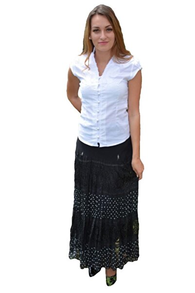 OEM Fusta casual din material creponat cu buline, nuanta de negru