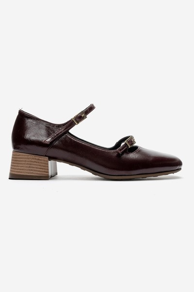 Zeynep Sıradağlı Ferfina Women's Genuine Leather Shoes Burgundy Thick Short Heeled Mary Jane