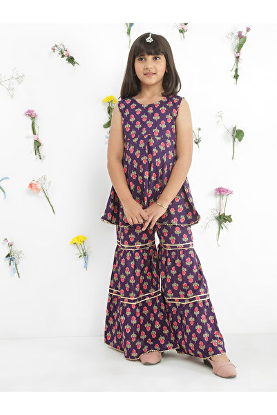 Globus By Styli Girls Purple Floral Sleeveless Gotta Patti Tunic with Sharara...