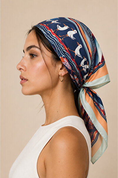 Sehlen Kadın Kuşlu Dalga Desenli Saten Fular Bandana 56x56 cm - Mint Oranj