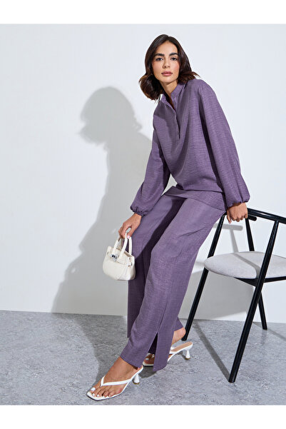 Amirah By Styli Purple Oversized Longline Top and Pants Modest Set