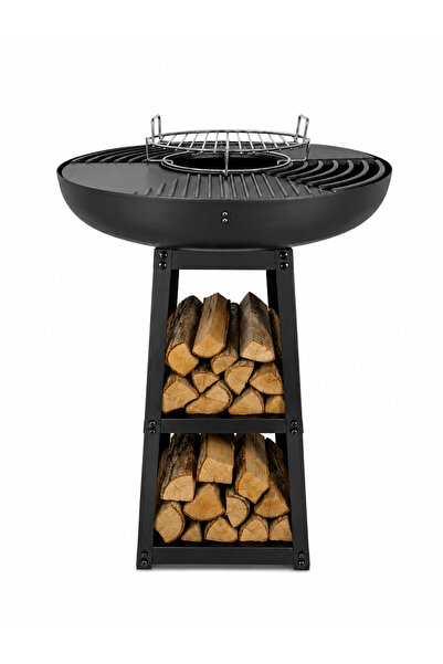 SOMINECO Üçgen Standlı Çok Amaçlı Mangal, Ateş Çukuru ve Bahçe Şöminesi – Döküm Izgaralı, Krom Pişirme Izgaralı, 95 cm Yükseklik, 2 Katlı Odun Raflı ve Koruyucu Kılıflı