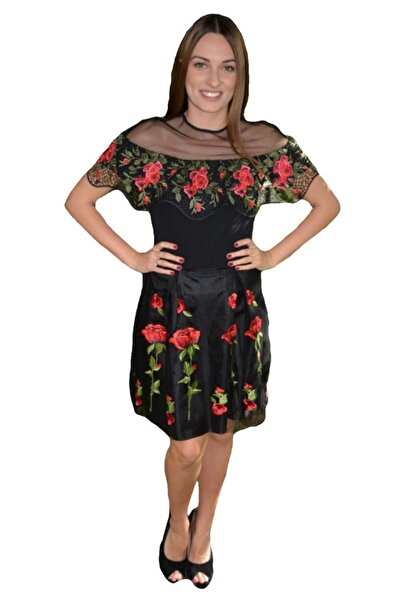 OEM Fusta eleganta in clos, culoare neagra cu flori rosii brodate