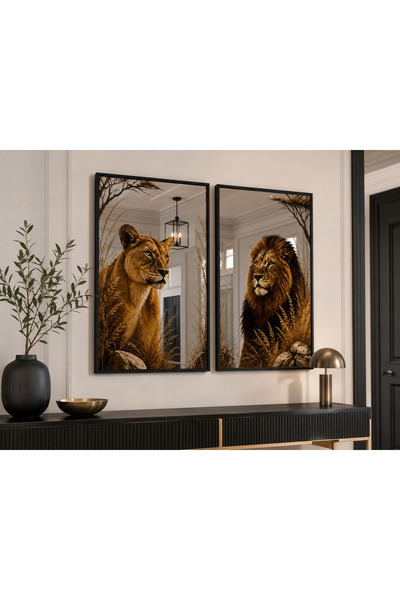 sümercam Golden Savannah Aslan Figürlü 2'li Dekoratif Ayna Seti