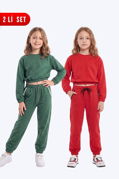 FYK KİDS 2-Piece Round Neck, Elastic Waist, Cropped Cut, 4-Piece Girls' Top a...