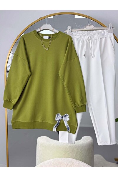 modasindoma Ribbon Embroidered Hijab Tunic and Pants Set in Oil Green