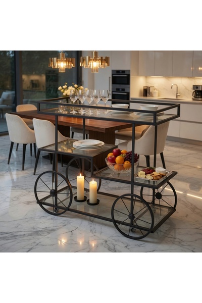 YINZUO Bar Cart Metal Bar Cart with Glass Shelves – 3-Tier Rolling Beverage C...