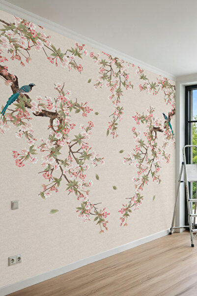 dreamwall Çiçek Açan Dallar ve Kuş Motifli Tek Parça Tekstil Duvar Kağıdı