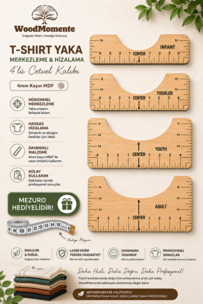 woodmomente 4'lü Tişört Yaka Merkezleme Cetveli 4 mm Kayın MDF + Hediye Mezuro