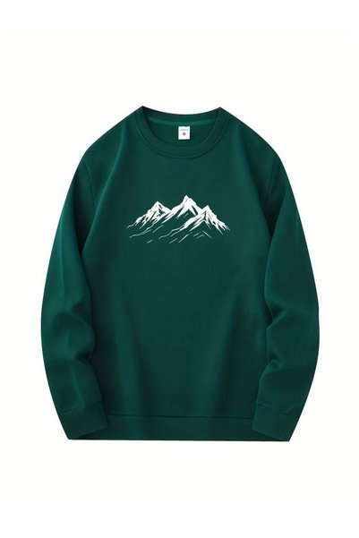 WESTİMO Unisex Nefti Green Snowy Mountain Printed Crew Neck Oversize Sweatshirt