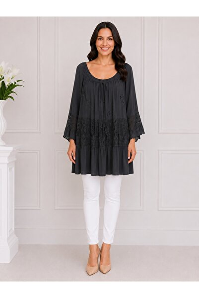 OEM Bluza rafinata cu insertii de dantela ,nuanta de bleumarin