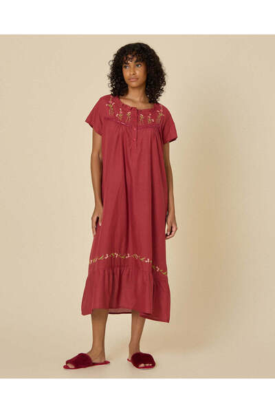 REDTAG Women Burgundy Embroidered Classic Nightgown