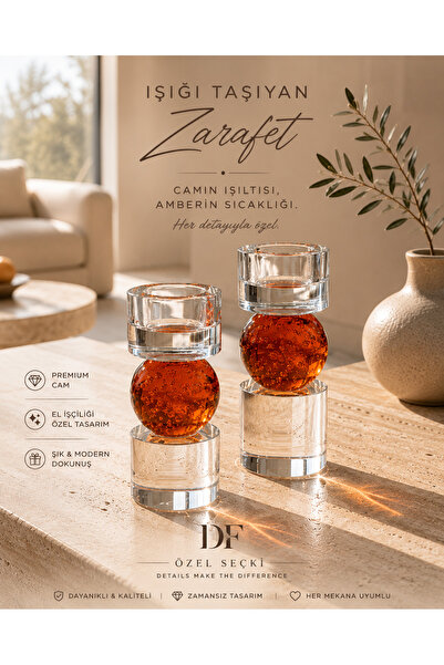 Doğa DF Place Amber Cam Mumluk Seti 2'li | Dekoratif Cam Şamdan | Premium Tas...