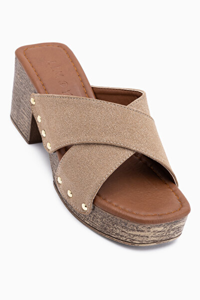 Limoya Jamela Beige Cross-Strapped Heeled Women's Slippers