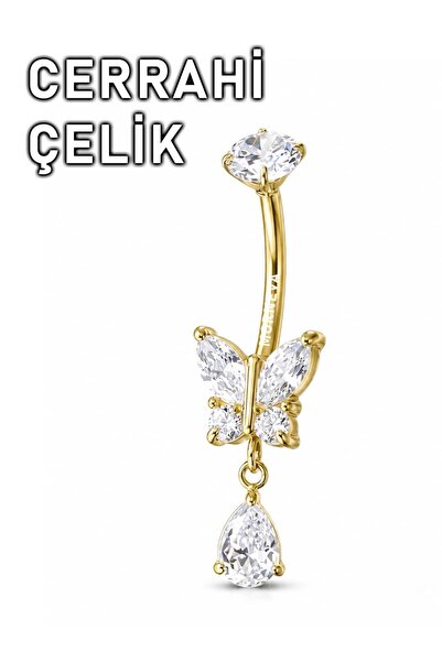 MORNEVA Cerrahi Çelik Tek Taş Sallantılı Kelebek Göbek Belly Piercingi (1 Adet)