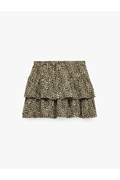 Koton Leopard Patterned Pleated Skirt with Elastic Waist and Layered Detail