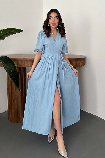 Moda Days فستان نسائي طويل من الموسلين باللون الأزرق الفاتح بياقة مزدوجة وحزا...