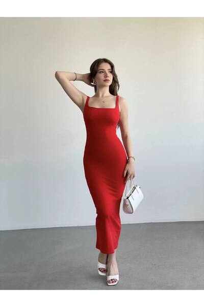Moda ferfa Kadın Askılı Kare Yaka Bodycon Midi Elbise