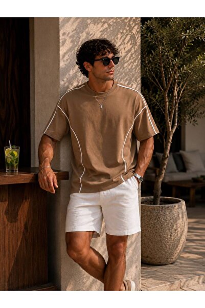 İLKCET MODA Men's Oversize Stripe Detailed Crew Neck Basic T-Shirt