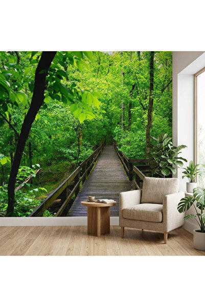 DecorDrive Yemyeşil Orman İçinde Uzanan Ahşap Yürüyüş Yolu Duvar Kağıdı