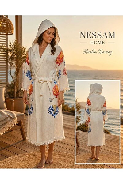 Nessam NESSAMHome %100 Pamuk Müslin Kapüşonlü Renkli Mercan Desenli Plaj Born...