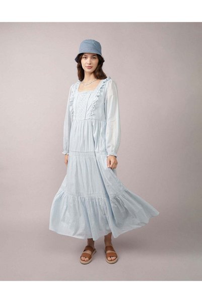 AMERICAN EAGLE AE Long-Sleeve Tiered Embroidered Midi Dress