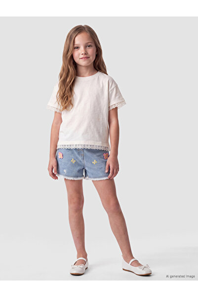 LC Waikiki Trendlucky Girls' Jean Shorts with Floral Embroidery and Contrast