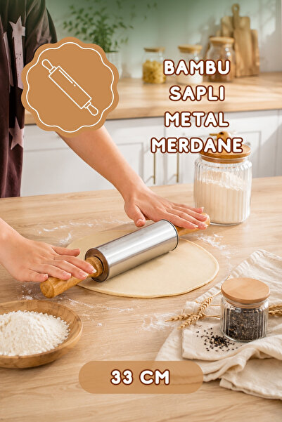Porsima Mnb05771 Ahşap Saplı Paslanmaz Çelik Merdane Oklava Hamur Pizza Börek...