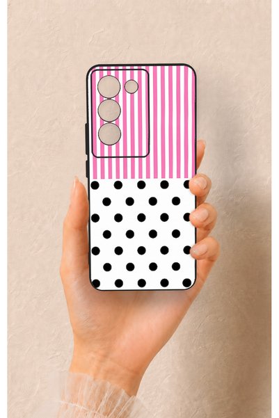 Vip Case حافظة سيليكون متوافقة مع هاتف Vivo V30 Lite ذات خطوط وردية ونقاط منقطة