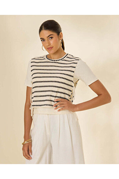 REDTAG Women Cream Crochet Detail Top With Side Tie
