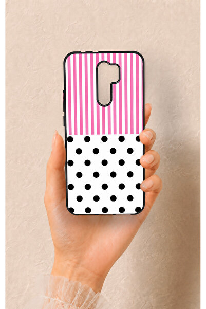 Vip Case Redmi 9 Uyumlu Pembe Çizgili Puantiye Desenli Silikon Kılıf