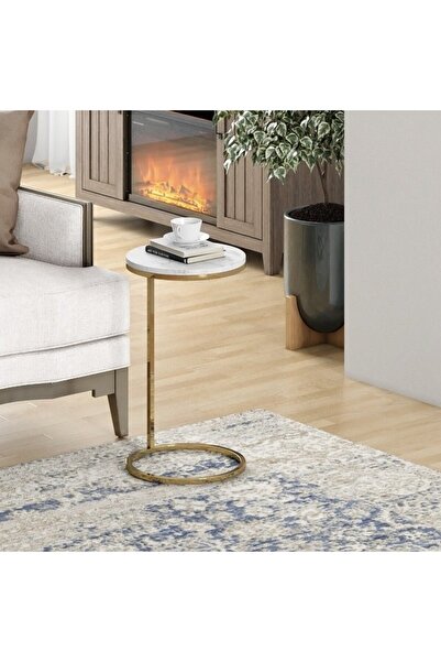 Roots Furniture 14Inch Shiny Gold Martini Round Table With Carrara Marble