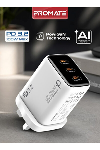 Promate 100W 3-Port USB-C Wall Charger, PD 3.2 GaNFast Charging Adapter with ...