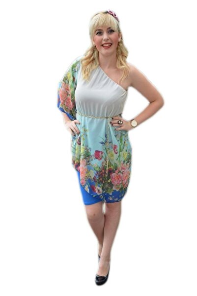 OEM Rochie moderna one-shoulder, culoare albastra, cu flori colorate
