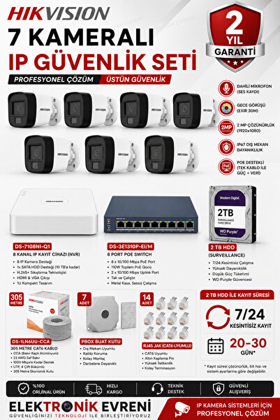 Hikvision 7 Kameralı IP Güvenlik Kamera Seti 2 MP Sesli Gece Görüşlü 2 TB HDD...