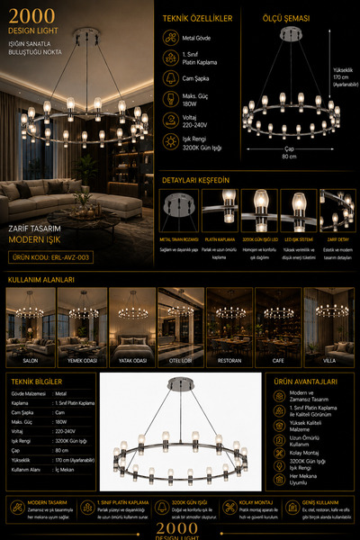Genel Markalar 80 cm Modern LED Halka Avize | Platin Kaplama | 180W | 3200K G...