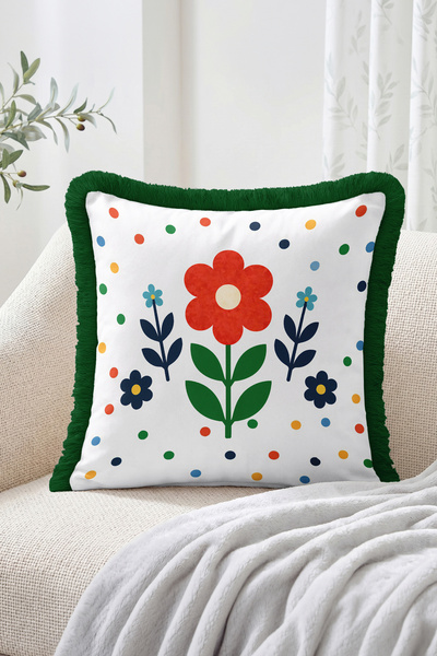 Realhomes Colorful Polka Dot Flower and Leaf Motif Fringed Throw Pillow Cover...